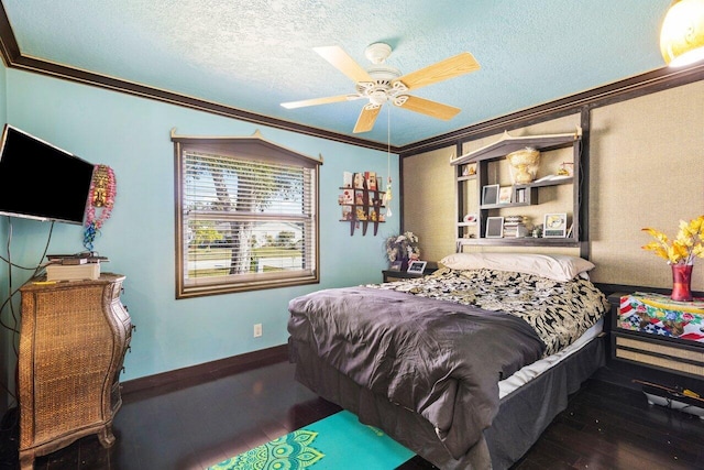 bedroom featuring crown molding, a textured ceiling, and dark hardwood / wood-style flooring