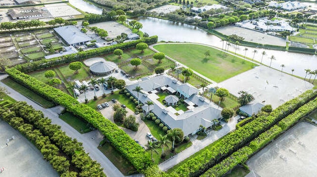 drone / aerial view featuring a water view