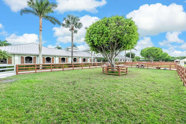 view of community featuring a lawn and fence