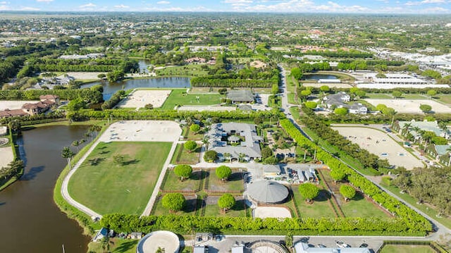 aerial view featuring a water view and a residential view