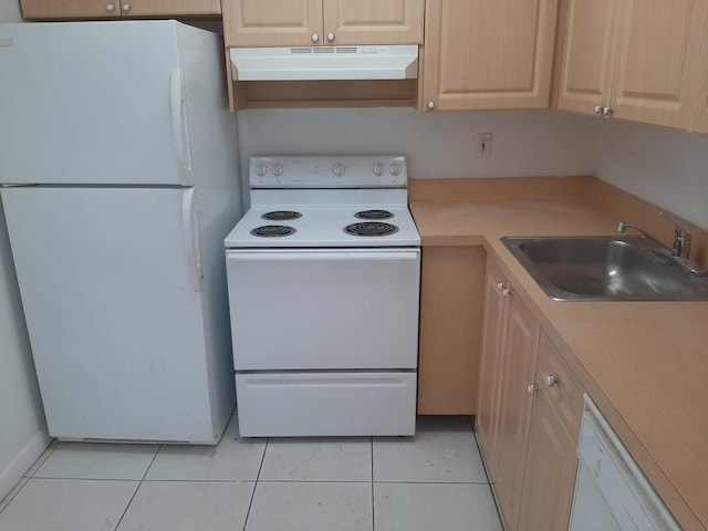 kitchen featuring sink, white appliances, light tile patterned floors, and light brown cabinets