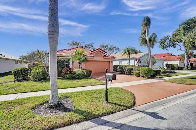 view of front of house featuring concrete driveway, a tile roof, an attached garage, a front lawn, and stucco siding