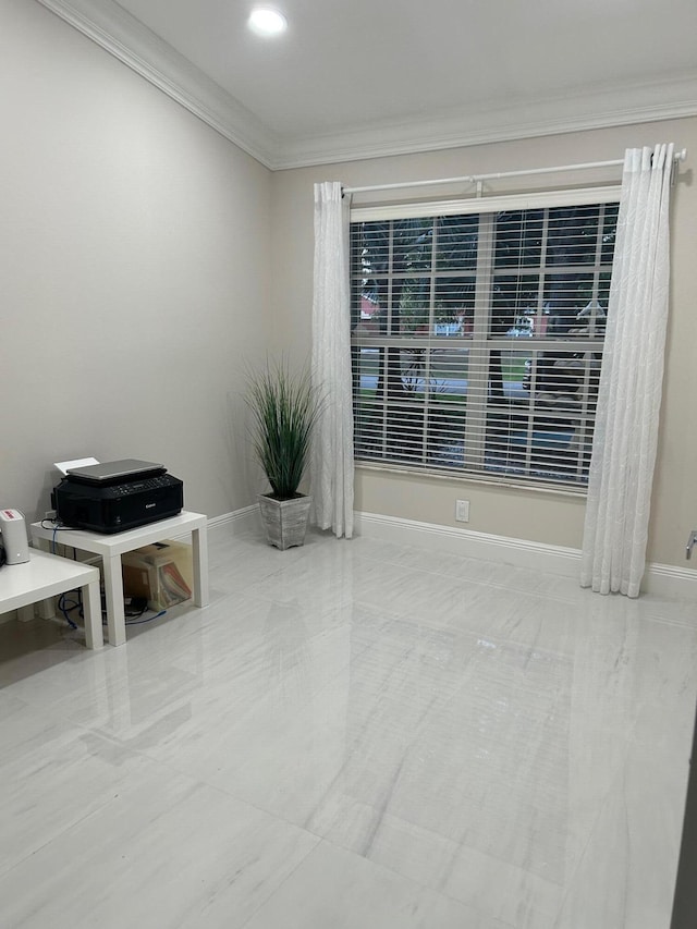 tiled spare room with ornamental molding, baseboards, and recessed lighting
