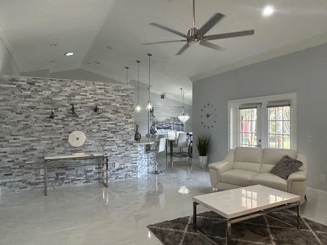 living room featuring lofted ceiling, ceiling fan, crown molding, baseboards, and recessed lighting