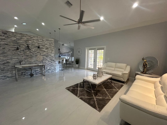 living area featuring ceiling fan, recessed lighting, french doors, and high vaulted ceiling