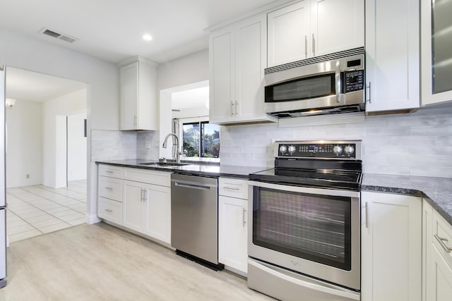 kitchen featuring stainless steel appliances, white cabinetry, sink, and decorative backsplash