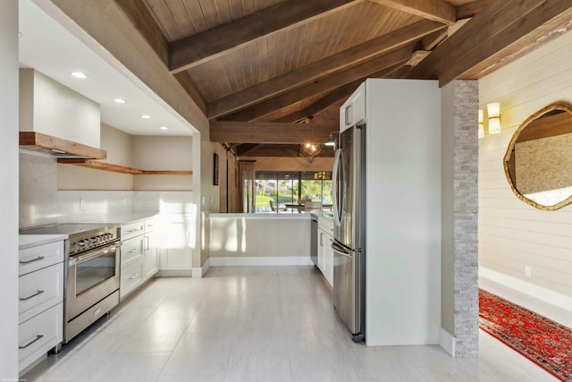 kitchen featuring stainless steel appliances, custom range hood, white cabinets, and lofted ceiling with beams