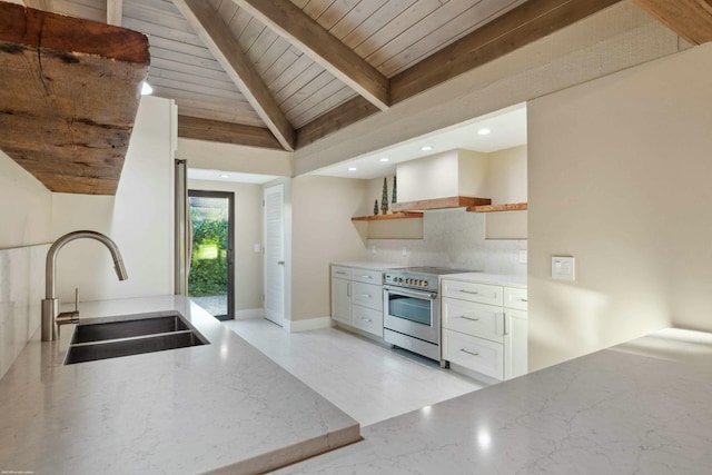 kitchen featuring sink, wood ceiling, white cabinetry, high end stainless steel range, and custom exhaust hood