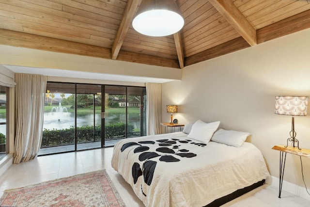 bedroom with lofted ceiling with beams, access to outside, and wood ceiling