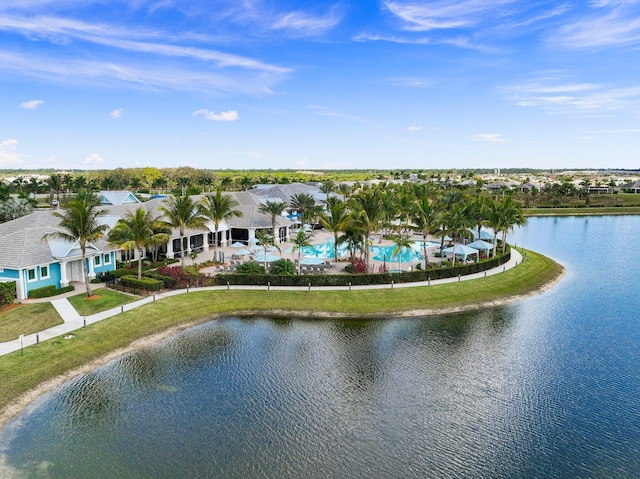 birds eye view of property featuring a water view