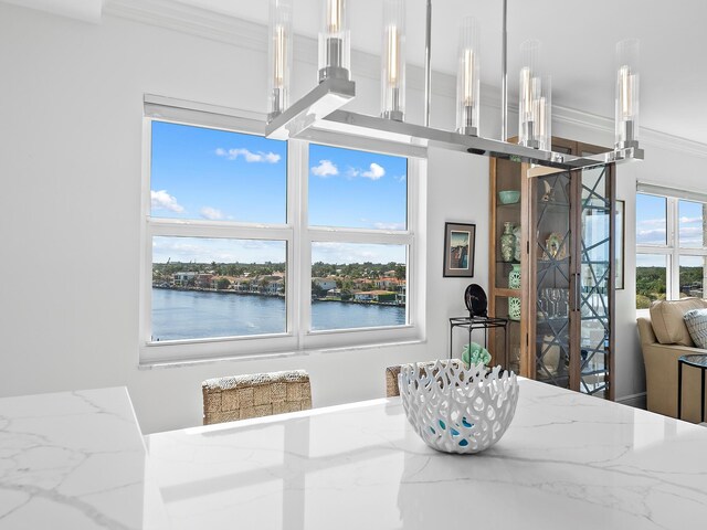 dining space with ornamental molding and a water view