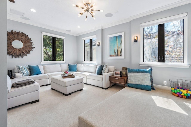 carpeted living room with crown molding and a chandelier