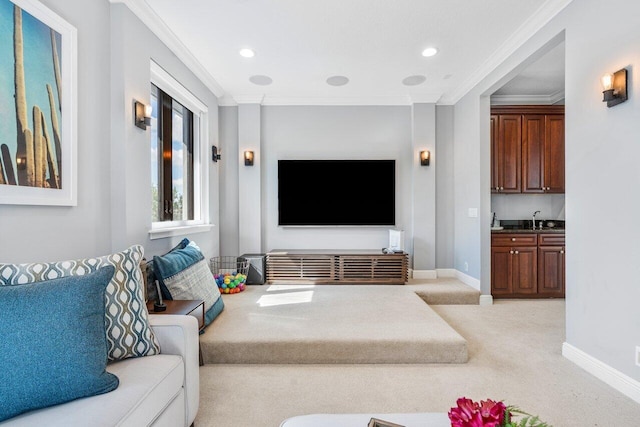 living room featuring sink, ornamental molding, and light colored carpet