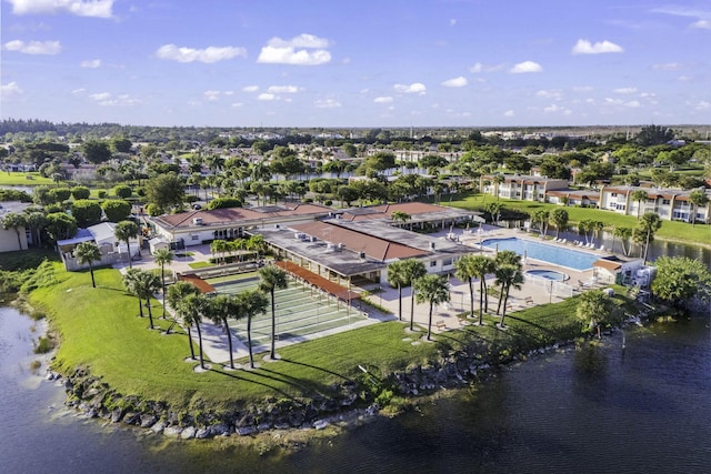 drone / aerial view featuring a water view