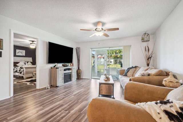 living room featuring ceiling fan, wood-type flooring, and a textured ceiling