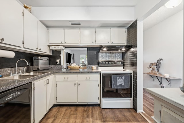 kitchen with sink, electric range, dark hardwood / wood-style flooring, dishwasher, and white cabinets