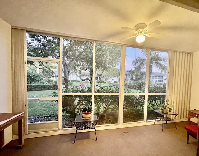 sunroom featuring ceiling fan