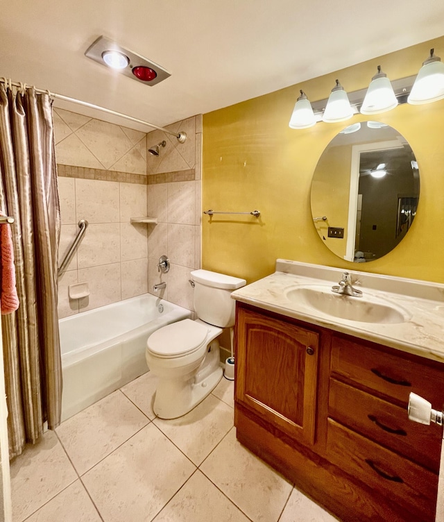 full bathroom with shower / tub combo with curtain, tile patterned floors, toilet, and vanity