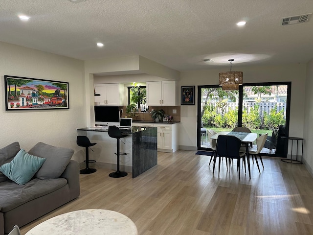 living room featuring a textured ceiling and light hardwood / wood-style floors