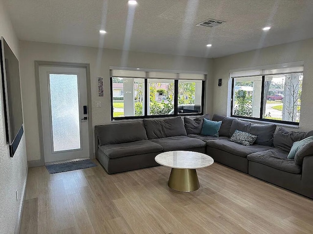 living room with light hardwood / wood-style floors and a textured ceiling