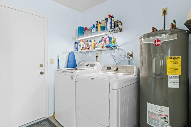 laundry room featuring water heater and washing machine and clothes dryer