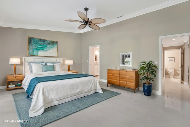 bedroom featuring ensuite bathroom, ceiling fan, light tile patterned floors, and crown molding