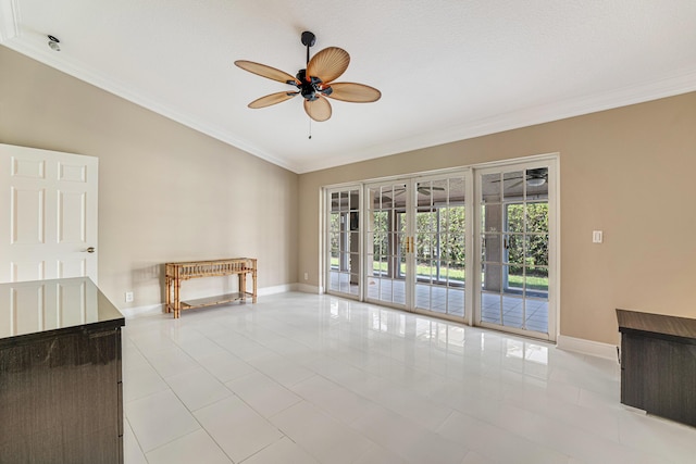 unfurnished living room featuring ceiling fan, ornamental molding, light tile patterned floors, and french doors