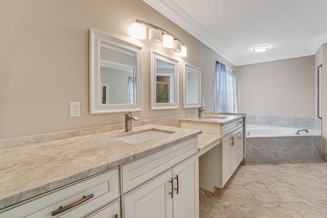 bathroom featuring crown molding, vanity, and tiled tub