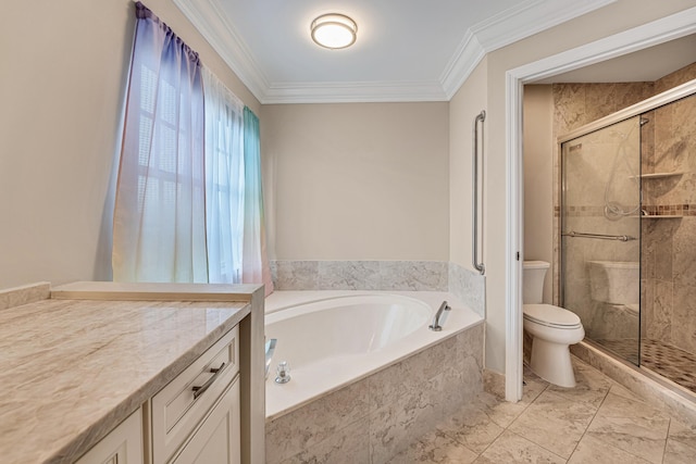 full bathroom with ornamental molding, toilet, vanity, and shower with separate bathtub