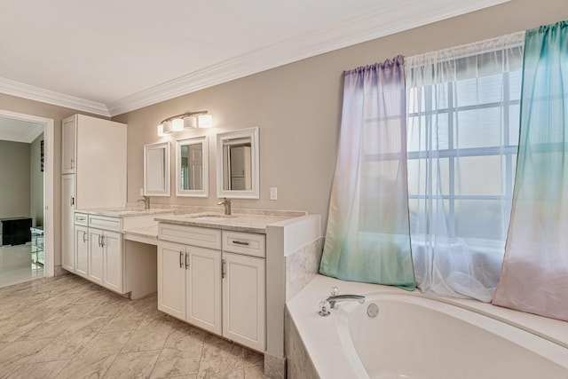 bathroom featuring ornamental molding, vanity, and tiled tub