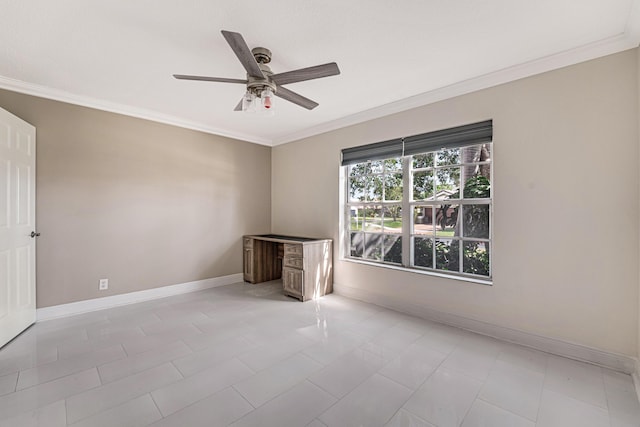 unfurnished room featuring ceiling fan and ornamental molding