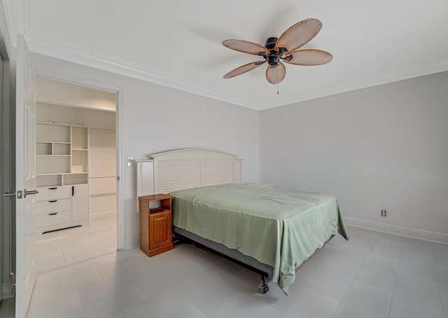 bedroom featuring ornamental molding and ceiling fan