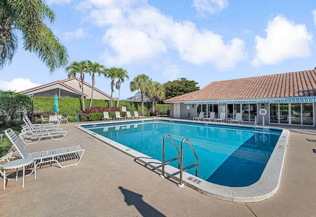 view of swimming pool featuring a patio