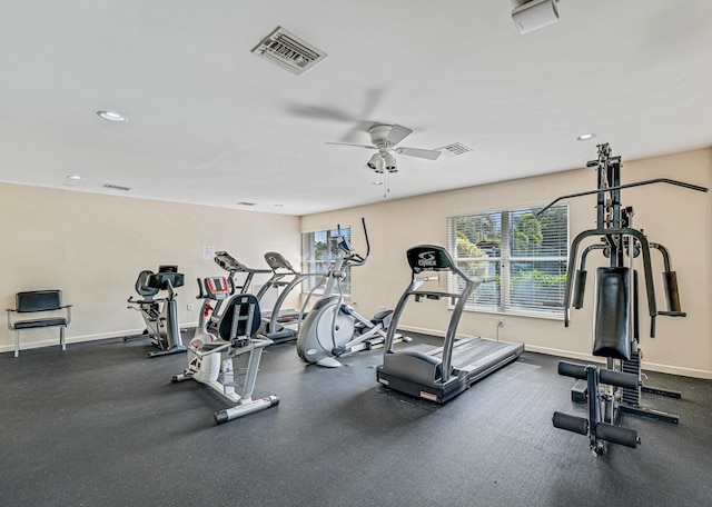 workout area featuring ceiling fan