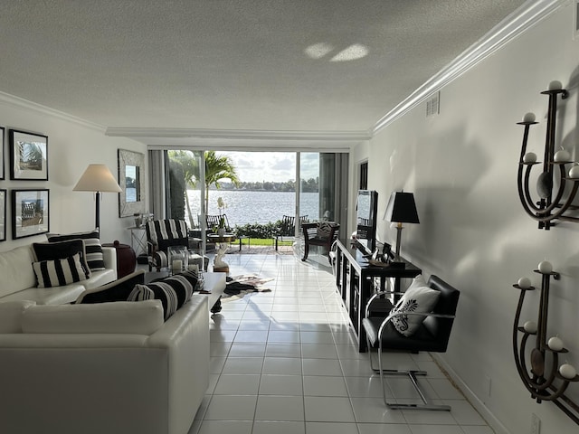 living room with crown molding, a textured ceiling, and light tile patterned floors