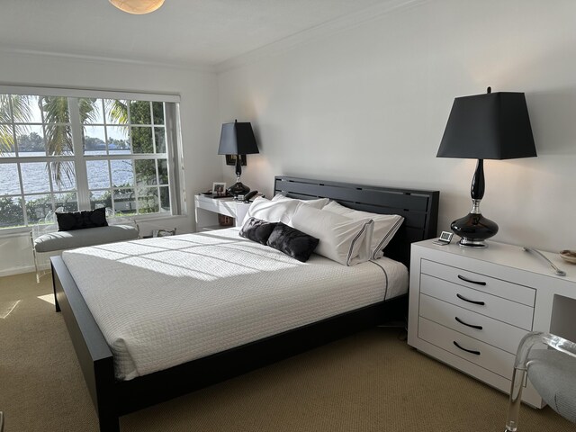 bedroom featuring light colored carpet and ornamental molding