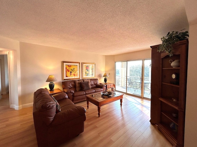 living room with a textured ceiling and light wood-type flooring