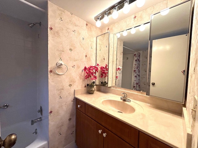 bathroom with vanity and shower / bath combo with shower curtain