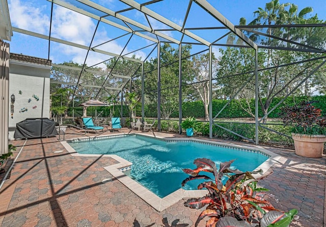 view of pool featuring a lanai and a patio