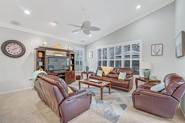 living room featuring ceiling fan, ornamental molding, vaulted ceiling, and light tile patterned floors