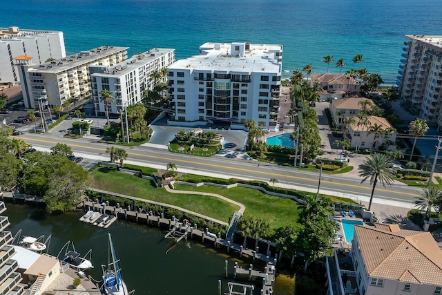 aerial view featuring a water view