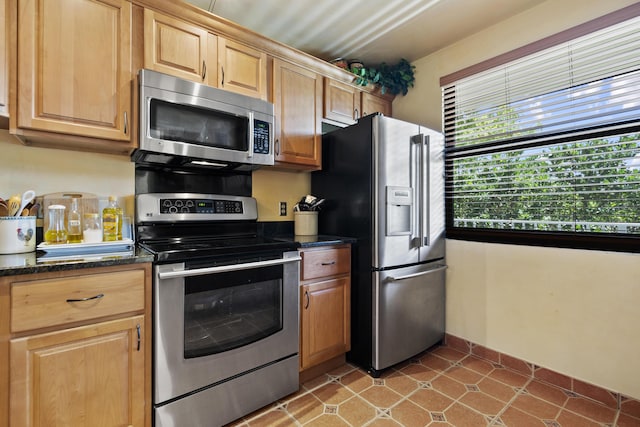 kitchen with dark stone counters and appliances with stainless steel finishes