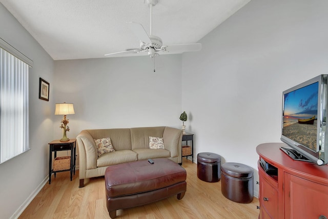 living room with ceiling fan and wood-type flooring