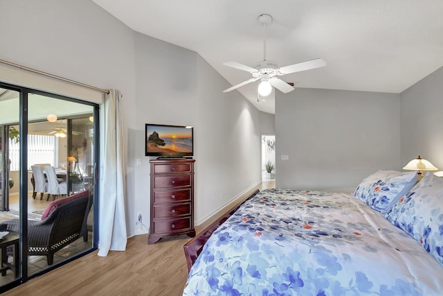 bedroom featuring vaulted ceiling, light hardwood / wood-style floors, and ceiling fan