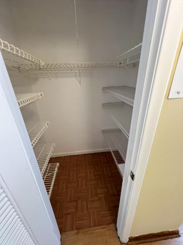 spacious closet featuring dark parquet floors