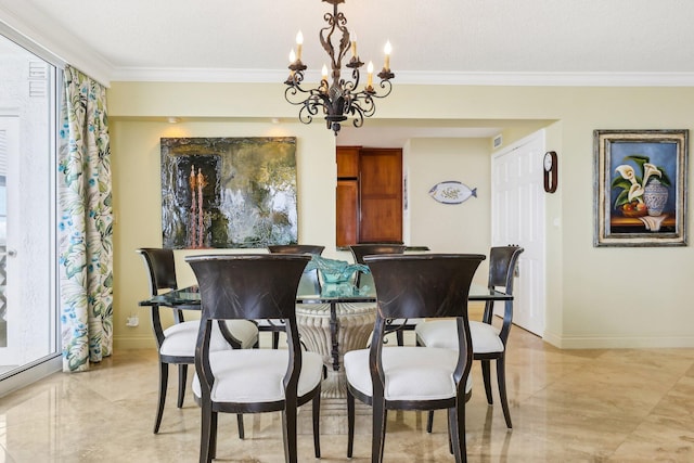 dining space with crown molding and a chandelier