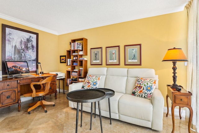 office featuring crown molding and a textured ceiling