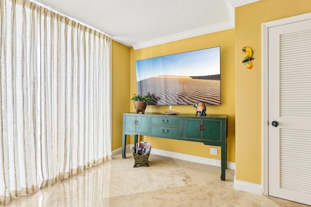 interior space featuring ornamental molding and a textured ceiling