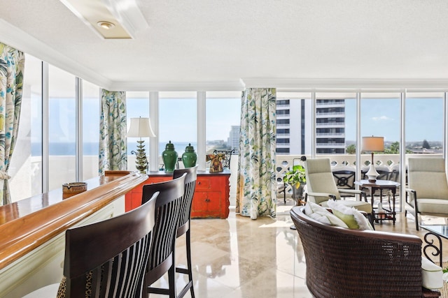 sunroom featuring a water view and bar area