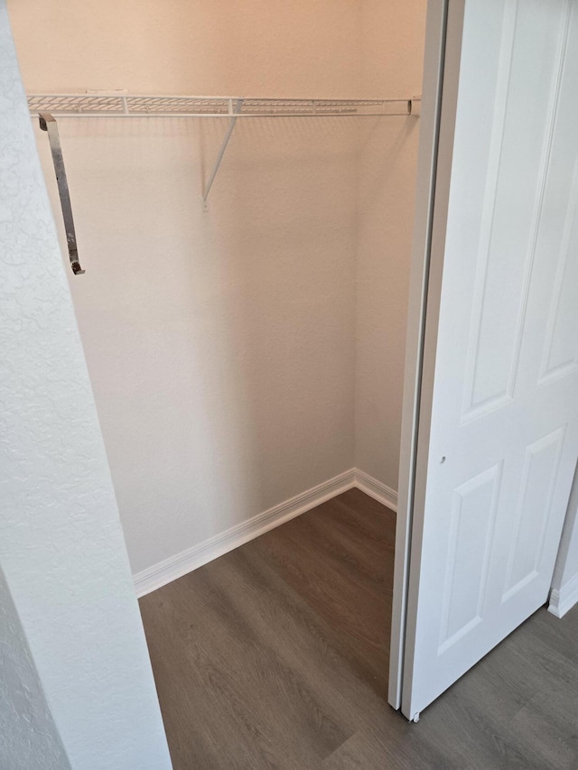 walk in closet with dark wood-style floors
